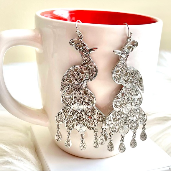 NWOT Silver Tone Peacock Earrings - Picture 1 of 2
